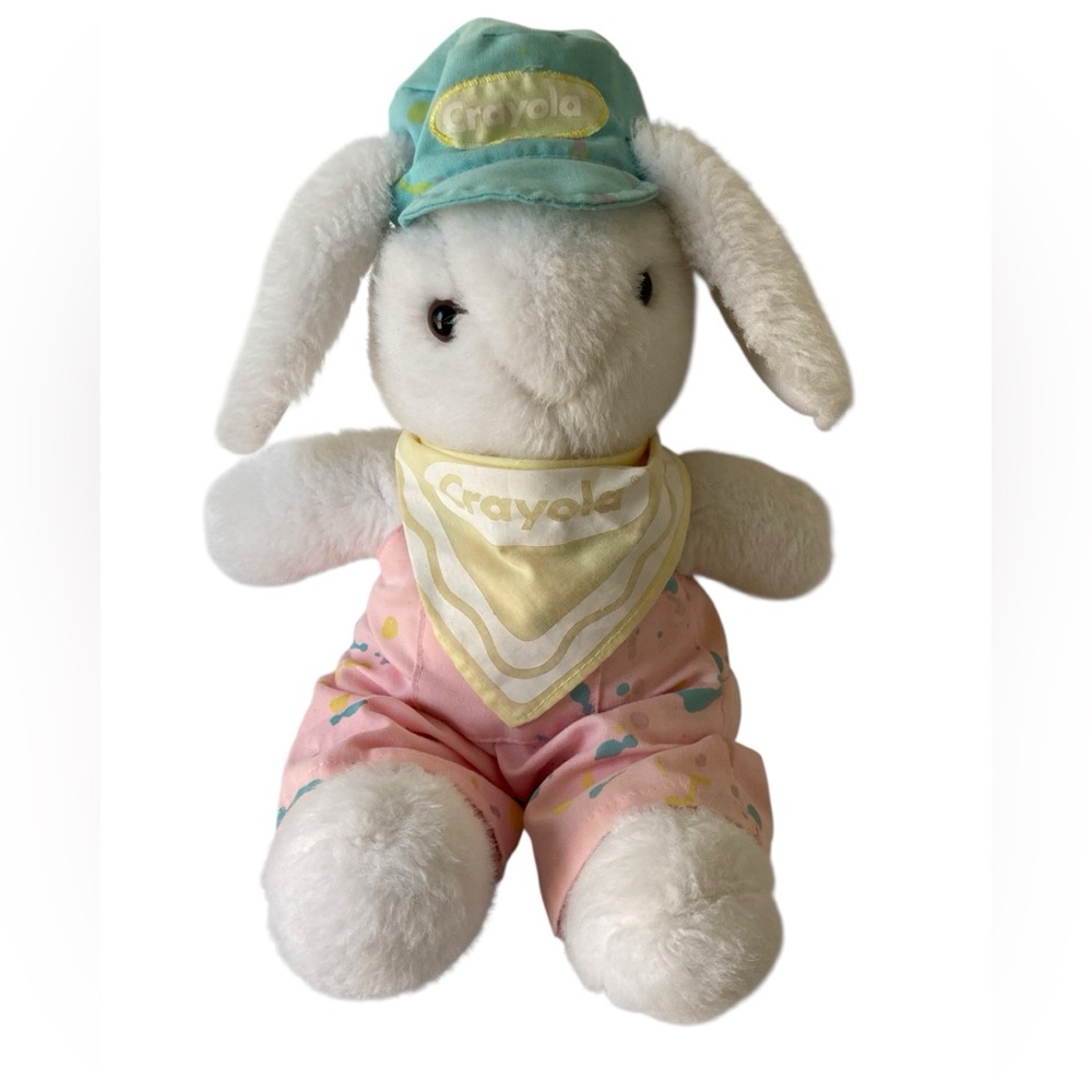 VTG Hallmark Crayola Bunny 11" Stuffed Plush Overalls Bandana Pastels Heartline